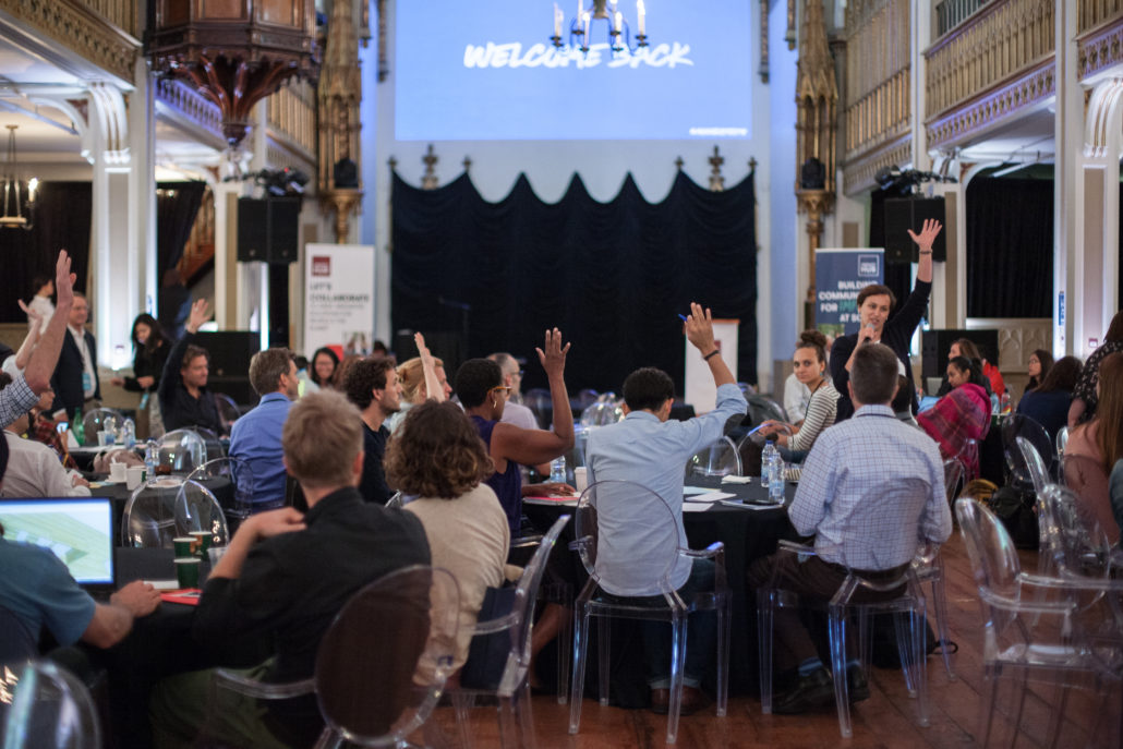 Co-responsibility, Impact Hub network global meeting, social entrepreneurs working together_Gabriela Gandel speaking at a public event